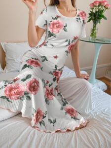Elegant Multicolor Ruffled Hem Floral Print Short Sleeve Nightgown for Cozy Spring and Summer Evenings - Chic, Classy and Trendy Fashion Style to Dress to Impress