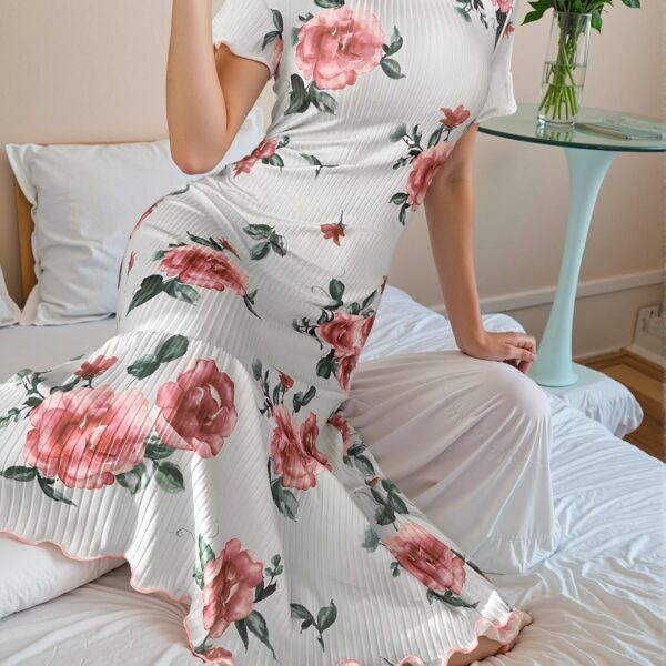 Elegant Multicolor Ruffled Hem Floral Print Short Sleeve Nightgown for Cozy Spring and Summer Evenings - Chic, Classy and Trendy Fashion Style to Dress to Impress