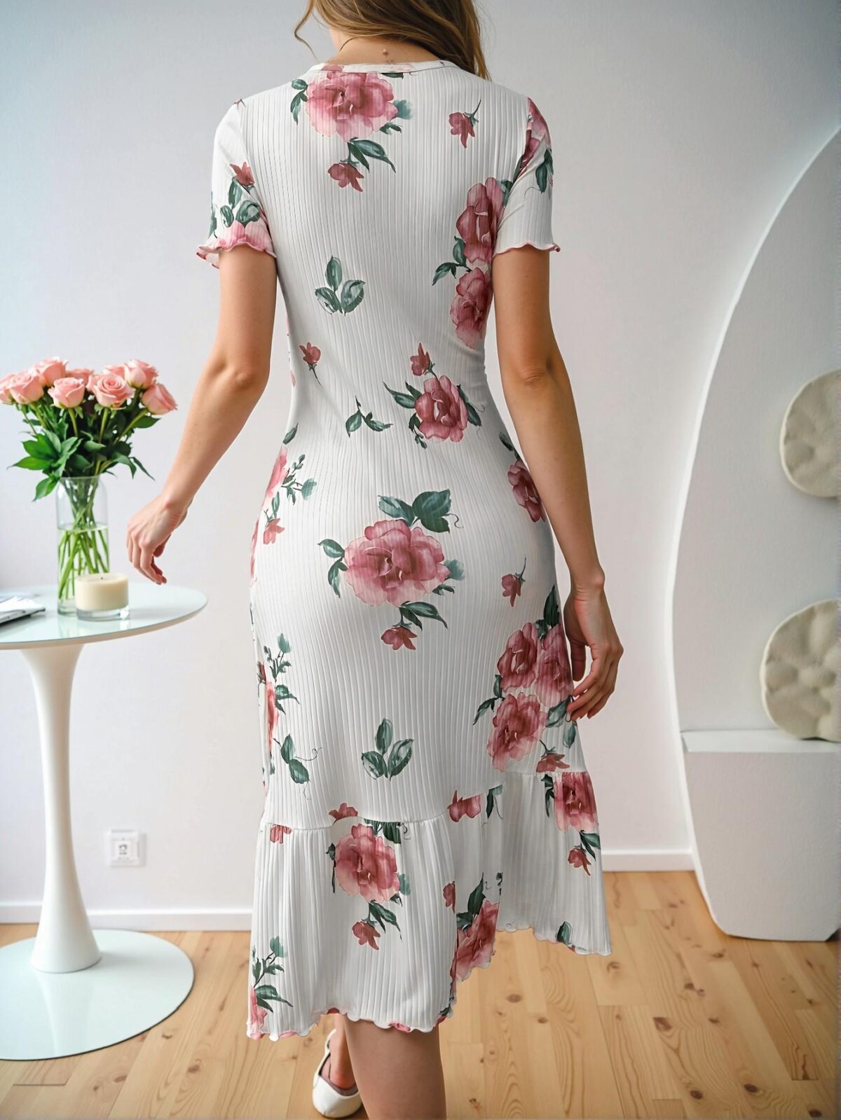 Elegant Multicolor Ruffled Hem Floral Print Short Sleeve Nightgown for Cozy Spring and Summer Evenings - Chic, Classy and Trendy Fashion Style to Dress to Impress - Image 2