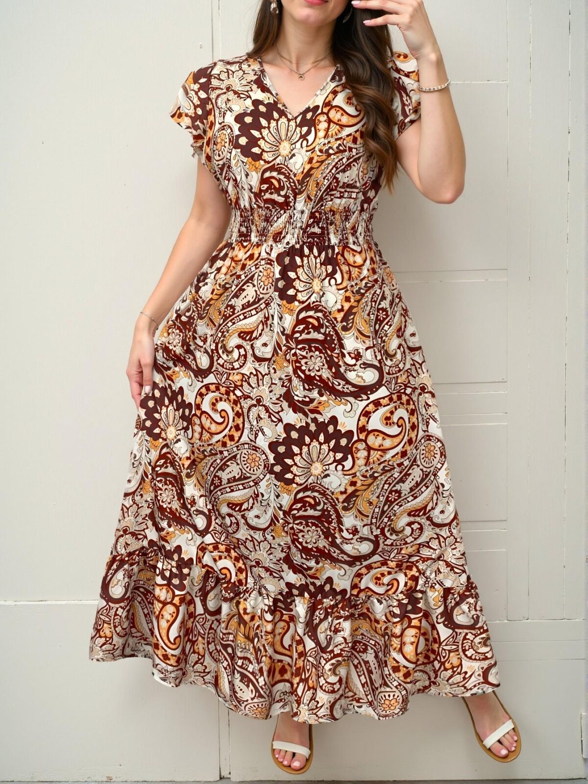 Elegant Brown Bohemian Long Paisley Print Dress for Casual Spring and Summer Outings - Chic, Classy and Trendy Fashion Style to Dress to Impress