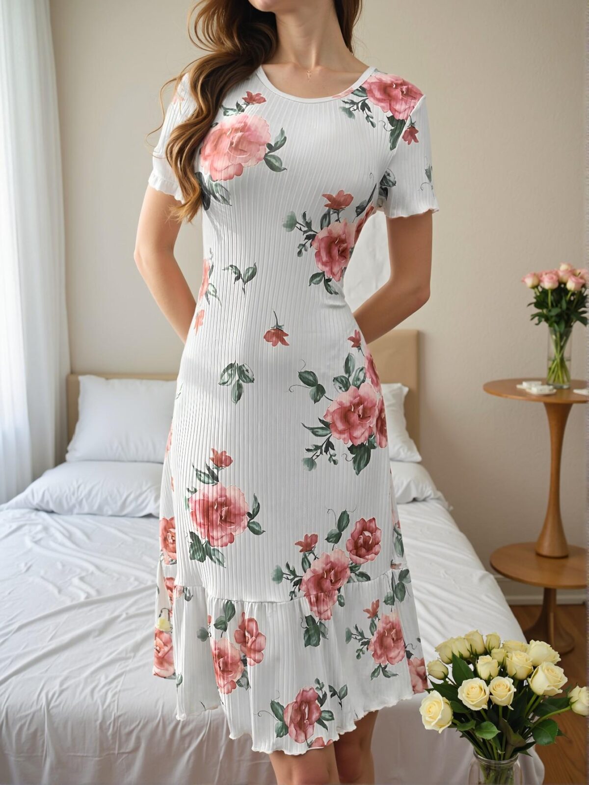 Elegant Multicolor Ruffled Hem Floral Print Short Sleeve Nightgown for Cozy Spring and Summer Evenings - Chic, Classy and Trendy Fashion Style to Dress to Impress - Image 3