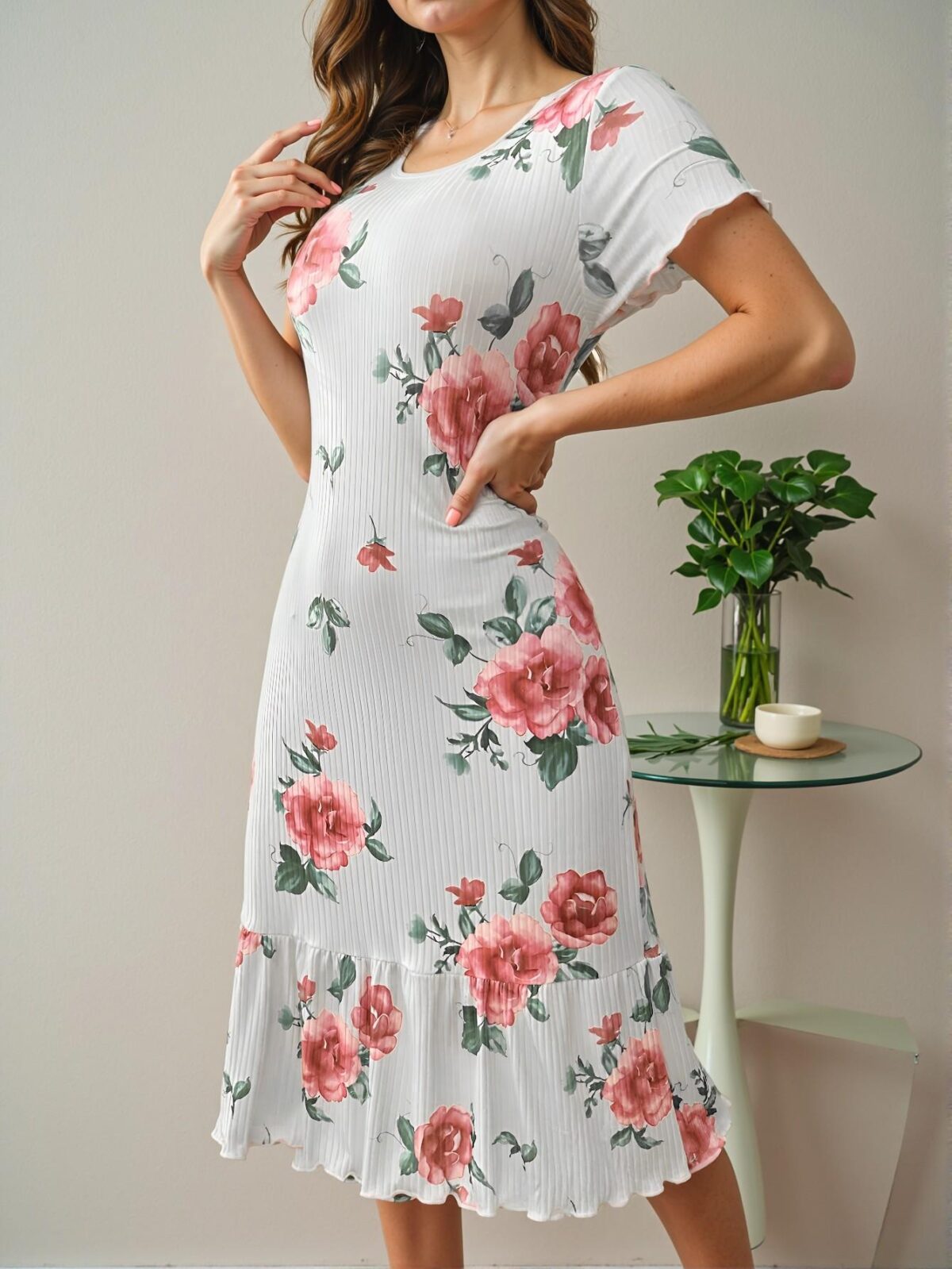 Elegant Multicolor Ruffled Hem Floral Print Short Sleeve Nightgown for Cozy Spring and Summer Evenings - Chic, Classy and Trendy Fashion Style to Dress to Impress - Image 4