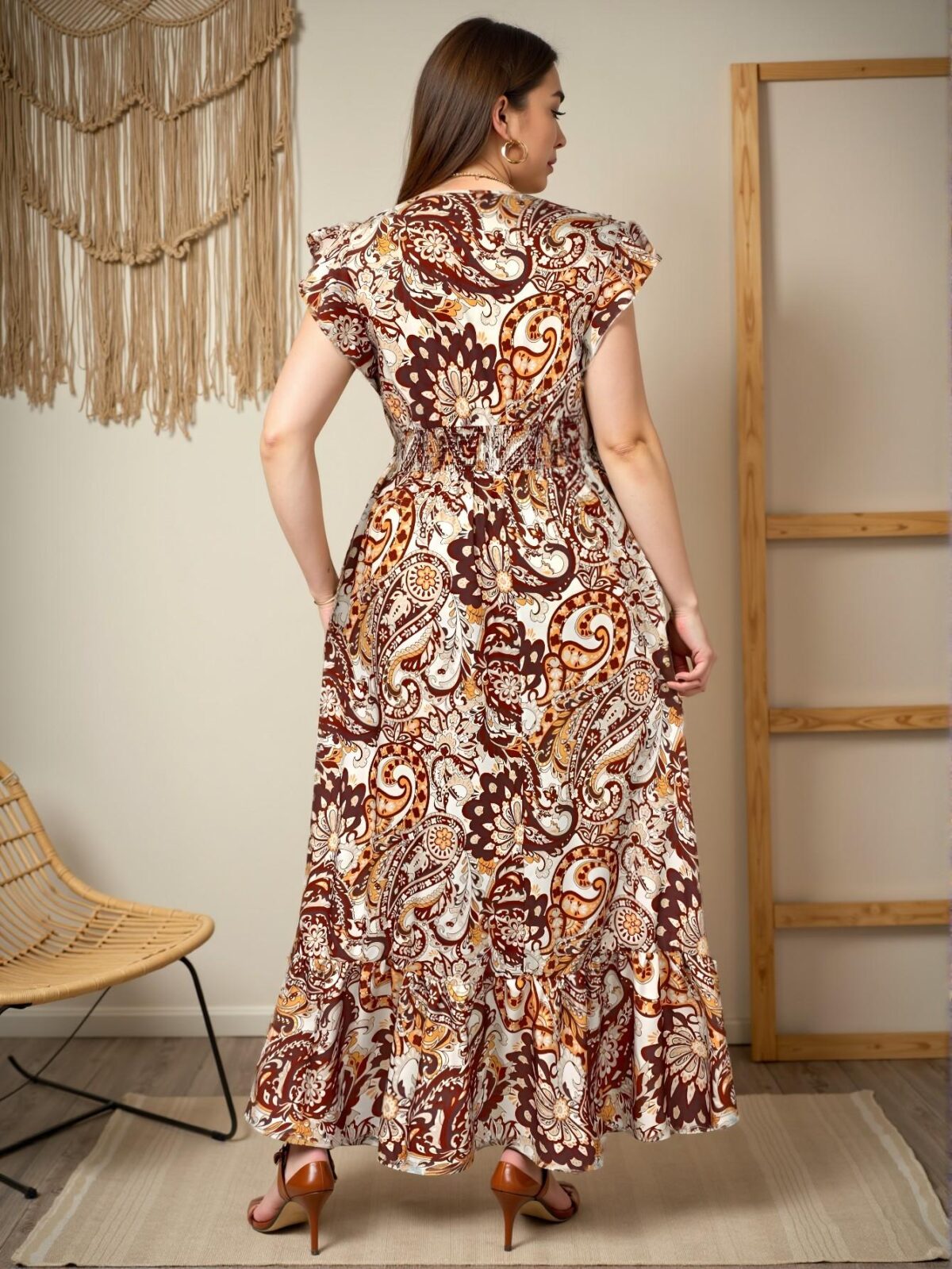 Elegant Brown Bohemian Long Paisley Print Dress for Casual Spring and Summer Outings - Chic, Classy and Trendy Fashion Style to Dress to Impress - Image 2