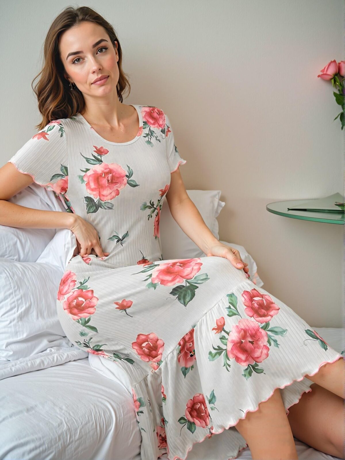 Elegant Multicolor Ruffled Hem Floral Print Short Sleeve Nightgown for Cozy Spring and Summer Evenings - Chic, Classy and Trendy Fashion Style to Dress to Impress - Image 5