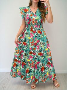 Elegant Green Bohemian Floral-Printed Lace Dress with Cinched High Waist for Spring and Summer "Chic, Classy and Trendy Fashion Style to Dress to Impress"
