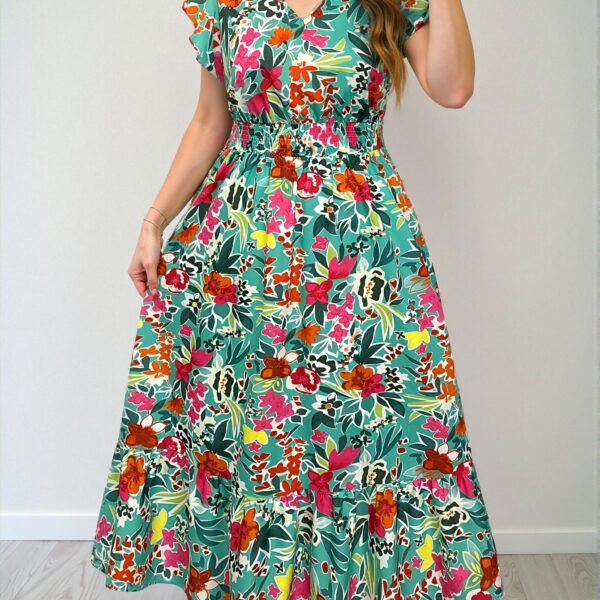 Elegant Green Bohemian Floral-Printed Lace Dress with Cinched High Waist for Spring and Summer "Chic, Classy and Trendy Fashion Style to Dress to Impress"