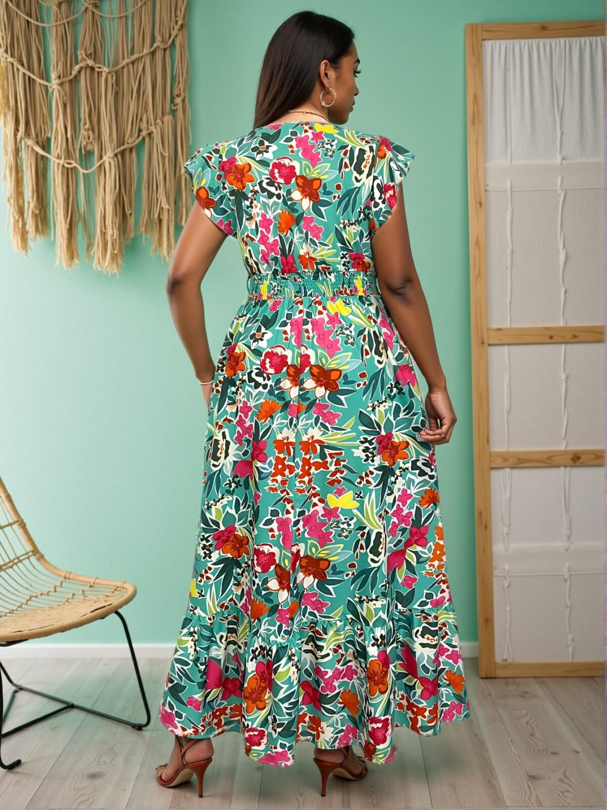 Elegant Green Bohemian Floral-Printed Lace Dress with Cinched High Waist for Spring and Summer "Chic, Classy and Trendy Fashion Style to Dress to Impress" - Image 2