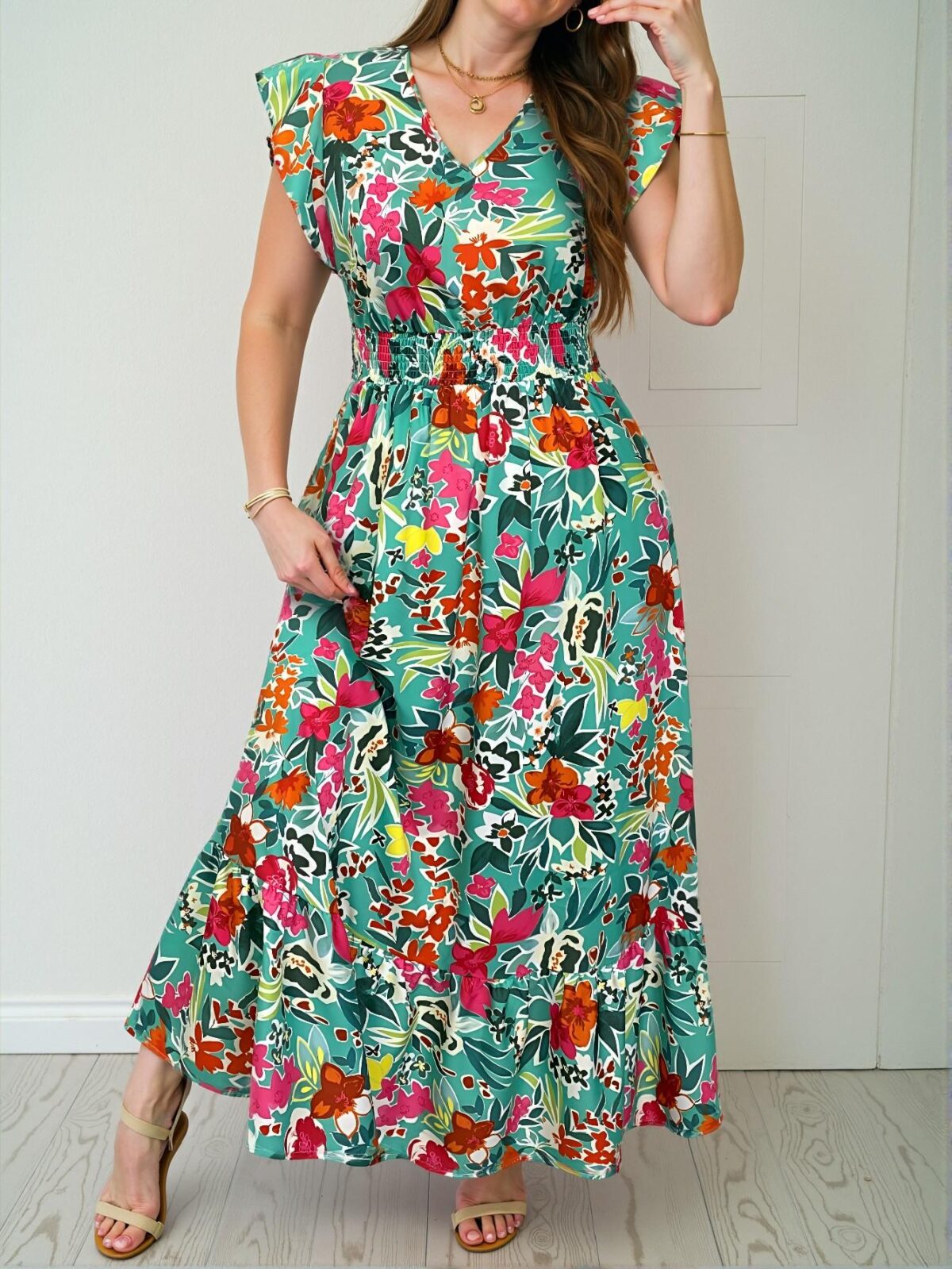 Elegant Green Bohemian Floral-Printed Lace Dress with Cinched High Waist for Spring and Summer "Chic, Classy and Trendy Fashion Style to Dress to Impress" - Image 3