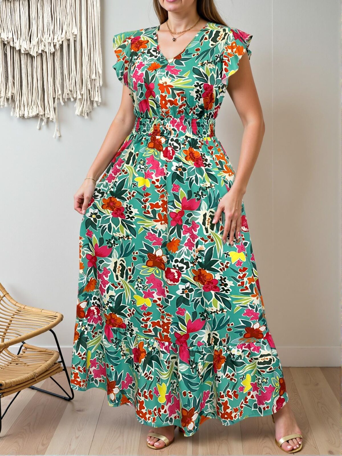 Elegant Green Bohemian Floral-Printed Lace Dress with Cinched High Waist for Spring and Summer "Chic, Classy and Trendy Fashion Style to Dress to Impress" - Image 4