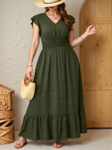 Elegant Green Flowy Hem Long Dress with Textured Fabric for Spring and Summer Celebrations, Perfect for Graduation and 4th of July Events - Chic, Classy and Trendy Fashion Style to Dress to Impress