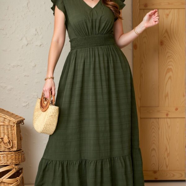 Elegant Green Flowy Hem Long Dress with Textured Fabric for Spring and Summer Celebrations, Perfect for Graduation and 4th of July Events - Chic, Classy and Trendy Fashion Style to Dress to Impress