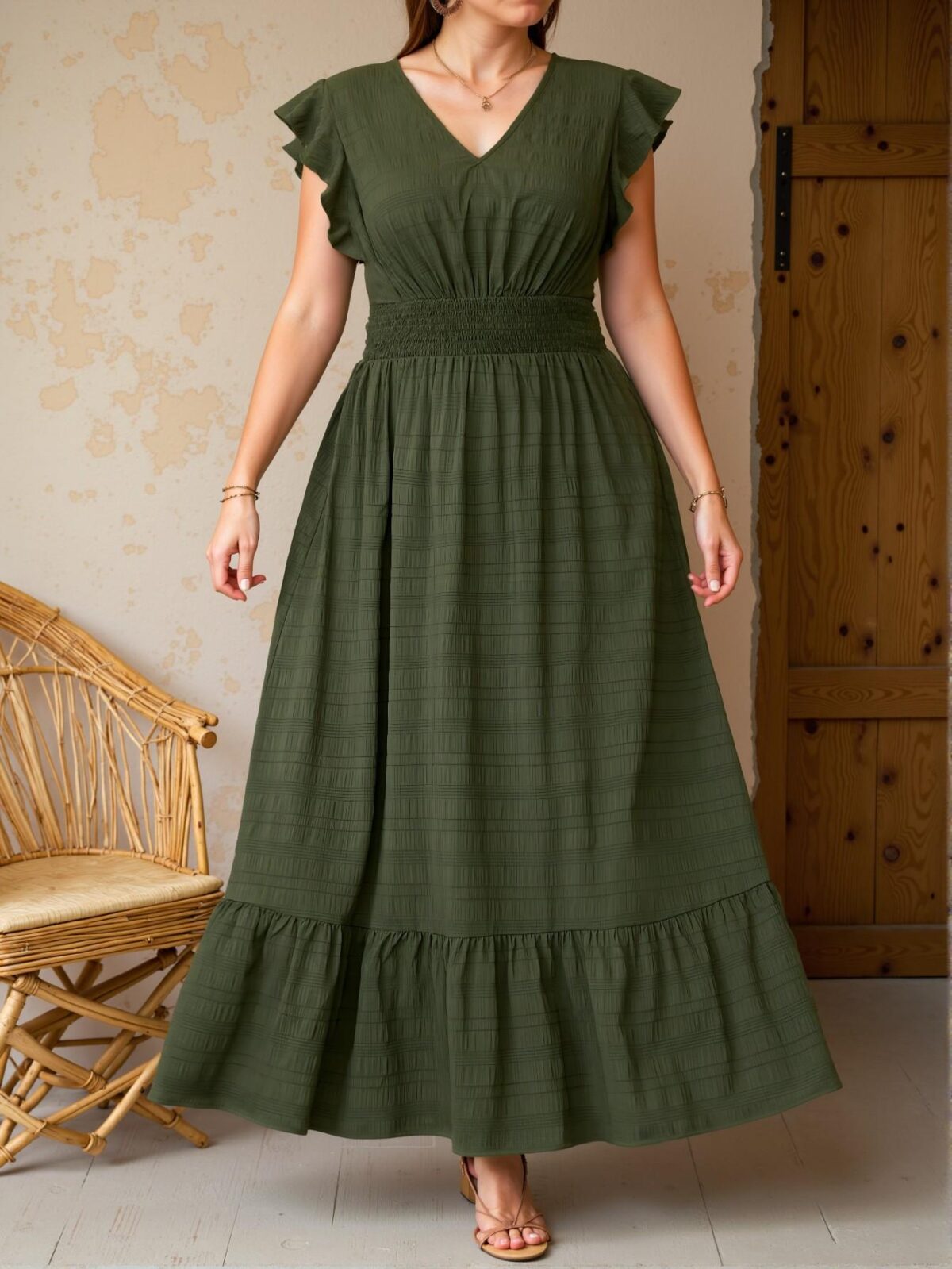 Elegant Green Flowy Hem Long Dress with Textured Fabric for Spring and Summer Celebrations, Perfect for Graduation and 4th of July Events - Chic, Classy and Trendy Fashion Style to Dress to Impress - Image 3