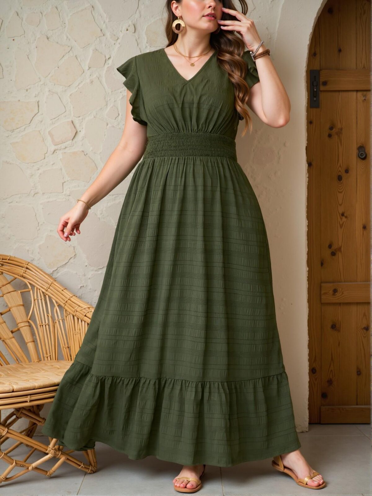 Elegant Green Flowy Hem Long Dress with Textured Fabric for Spring and Summer Celebrations, Perfect for Graduation and 4th of July Events - Chic, Classy and Trendy Fashion Style to Dress to Impress - Image 5