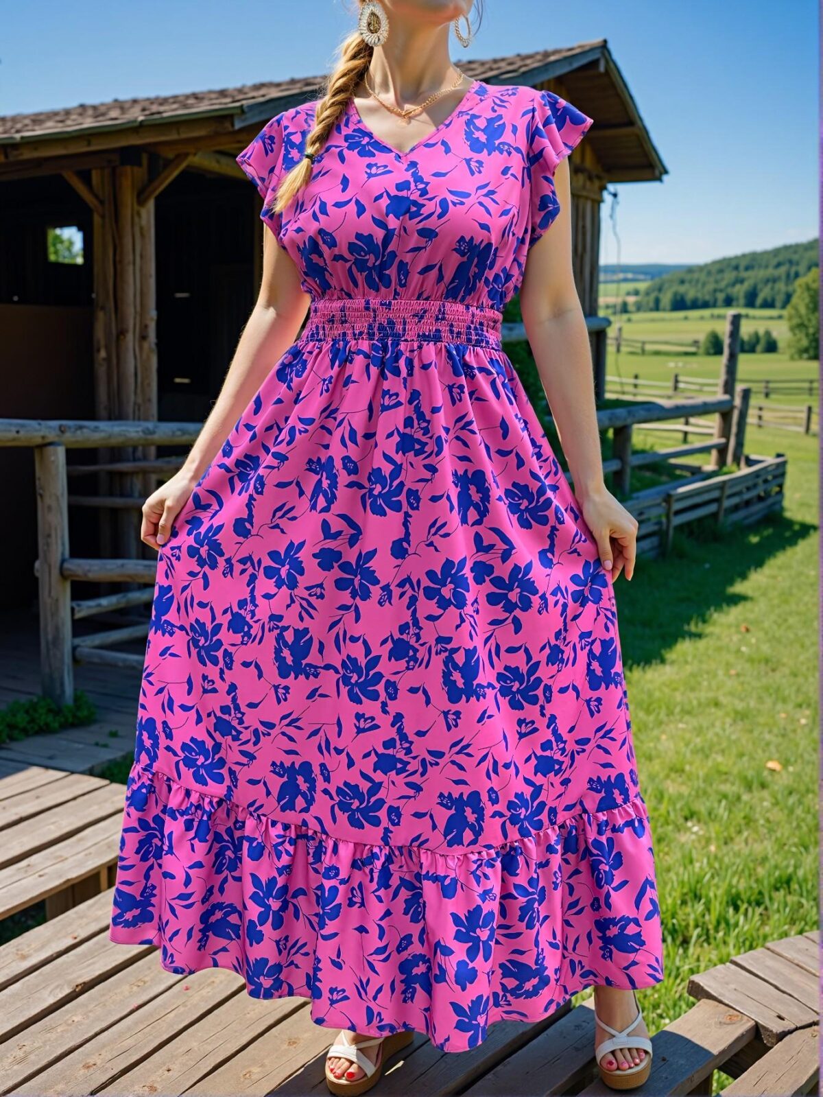 Elegant Hot Pink Boho All-Over Print V-Neck Ruffle Hem Casual Dress for Spring and Summer Chic, Classy and Trendy Fashion Style to Dress to Impress