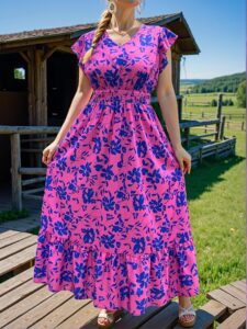 Elegant Hot Pink Boho All-Over Print V-Neck Ruffle Hem Casual Dress for Spring and Summer Chic, Classy and Trendy Fashion Style to Dress to Impress