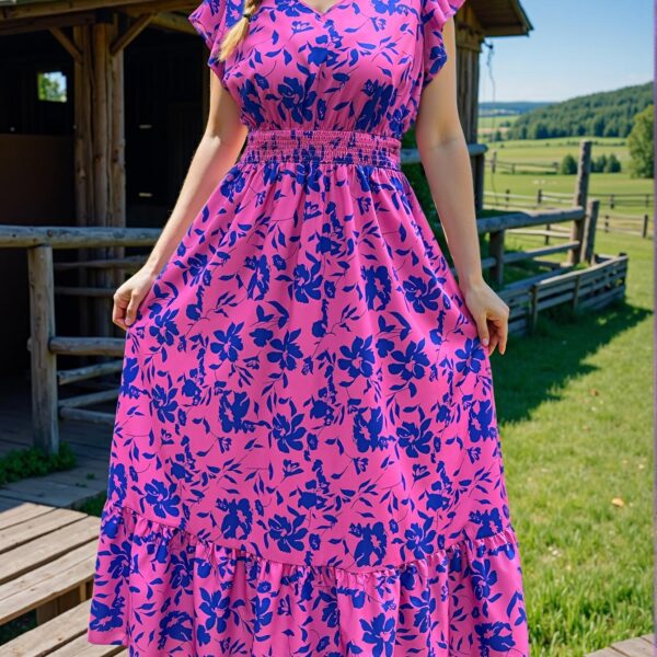 Elegant Hot Pink Boho All-Over Print V-Neck Ruffle Hem Casual Dress for Spring and Summer Chic, Classy and Trendy Fashion Style to Dress to Impress