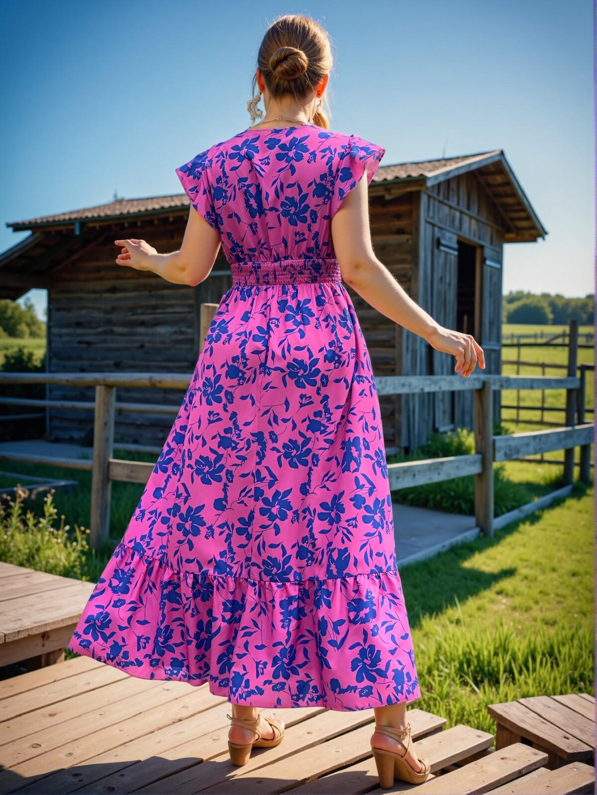 Elegant Hot Pink Boho All-Over Print V-Neck Ruffle Hem Casual Dress for Spring and Summer Chic, Classy and Trendy Fashion Style to Dress to Impress - Image 2