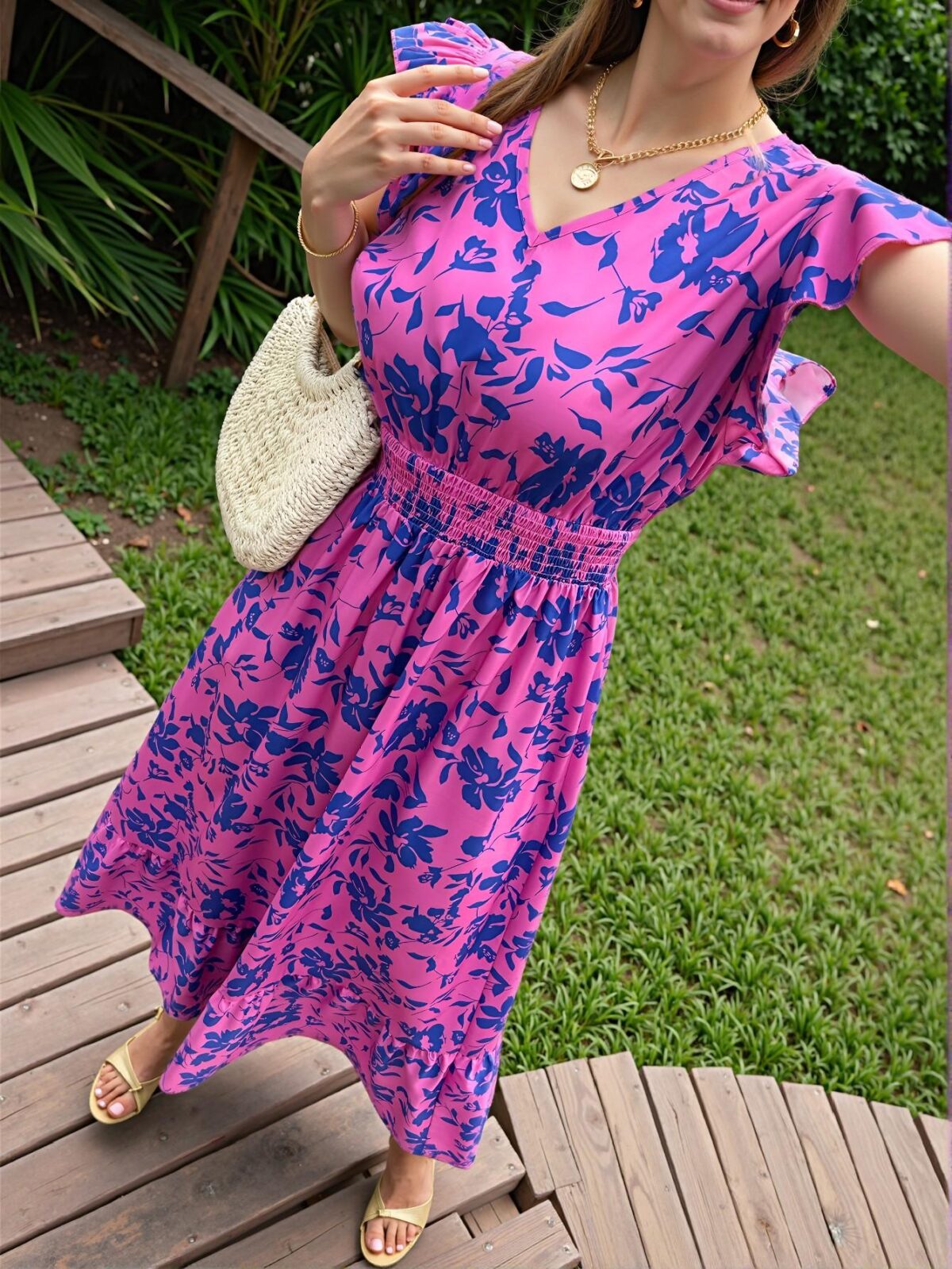 Elegant Hot Pink Boho All-Over Print V-Neck Ruffle Hem Casual Dress for Spring and Summer Chic, Classy and Trendy Fashion Style to Dress to Impress - Image 3