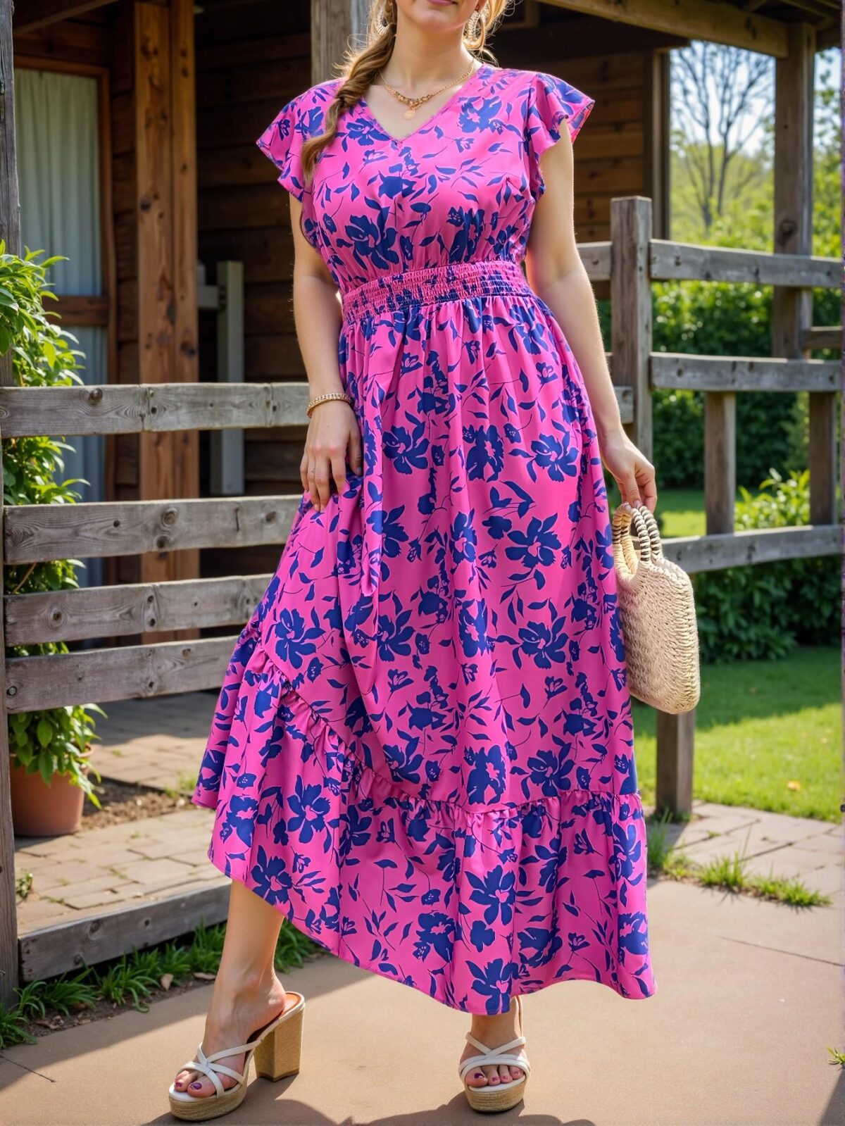 Elegant Hot Pink Boho All-Over Print V-Neck Ruffle Hem Casual Dress for Spring and Summer Chic, Classy and Trendy Fashion Style to Dress to Impress - Image 4