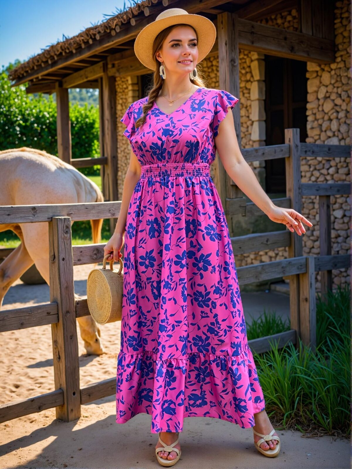 Elegant Hot Pink Boho All-Over Print V-Neck Ruffle Hem Casual Dress for Spring and Summer Chic, Classy and Trendy Fashion Style to Dress to Impress - Image 5