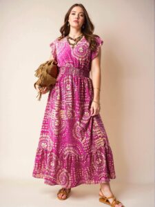 Elegant Multicolor Bohemian V-Neck Dress with Flounce Sleeves and Cinched Waist for Spring and Summer "Chic, Classy and Trendy Fashion Style to Dress to Impress"