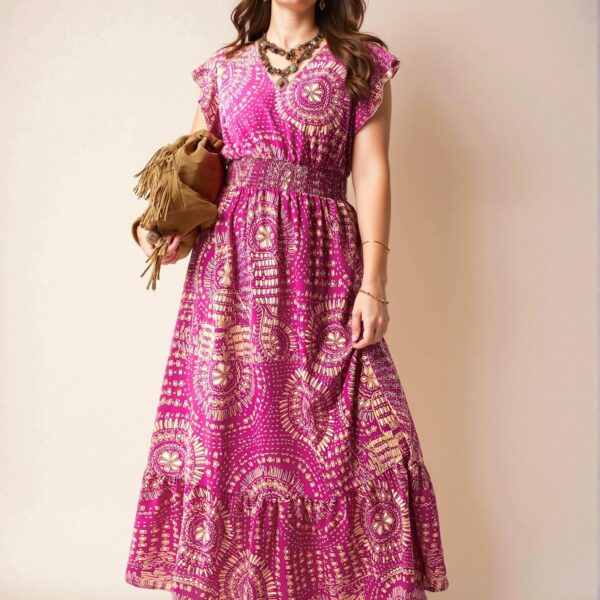 Elegant Multicolor Bohemian V-Neck Dress with Flounce Sleeves and Cinched Waist for Spring and Summer "Chic, Classy and Trendy Fashion Style to Dress to Impress"