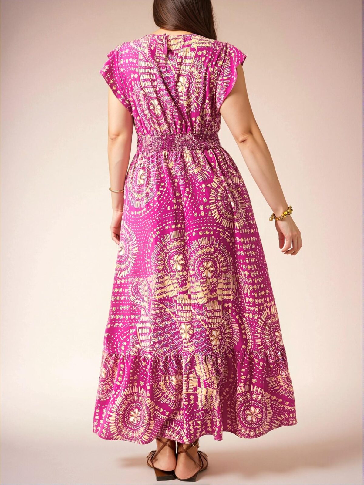 Elegant Multicolor Bohemian V-Neck Dress with Flounce Sleeves and Cinched Waist for Spring and Summer "Chic, Classy and Trendy Fashion Style to Dress to Impress" - Image 2
