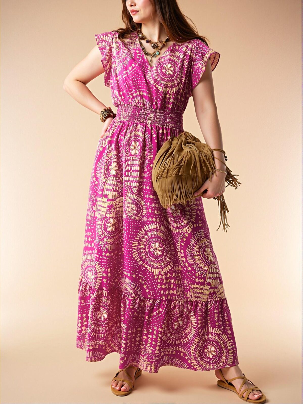 Elegant Multicolor Bohemian V-Neck Dress with Flounce Sleeves and Cinched Waist for Spring and Summer "Chic, Classy and Trendy Fashion Style to Dress to Impress" - Image 4