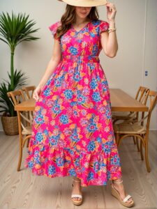 Elegant Pink Long Flounce Sleeve Maxi Dress with Paisley Print for Boho-Inspired Spring and Summer Gatherings - Chic, Classy, and Trendy Fashion Style to Dress to Impress