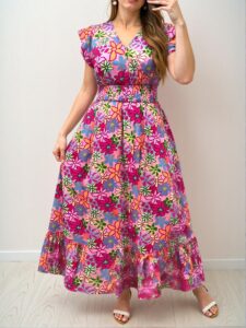 Elegant Pink A-Line Floral Print Shirred Detail Maxi Dress for Vacation, Weddings, and Festivals - Chic, Classy and Trendy Fashion Style to Dress to Impress