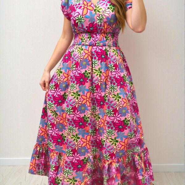 Elegant Pink A-Line Floral Print Shirred Detail Maxi Dress for Vacation, Weddings, and Festivals - Chic, Classy and Trendy Fashion Style to Dress to Impress