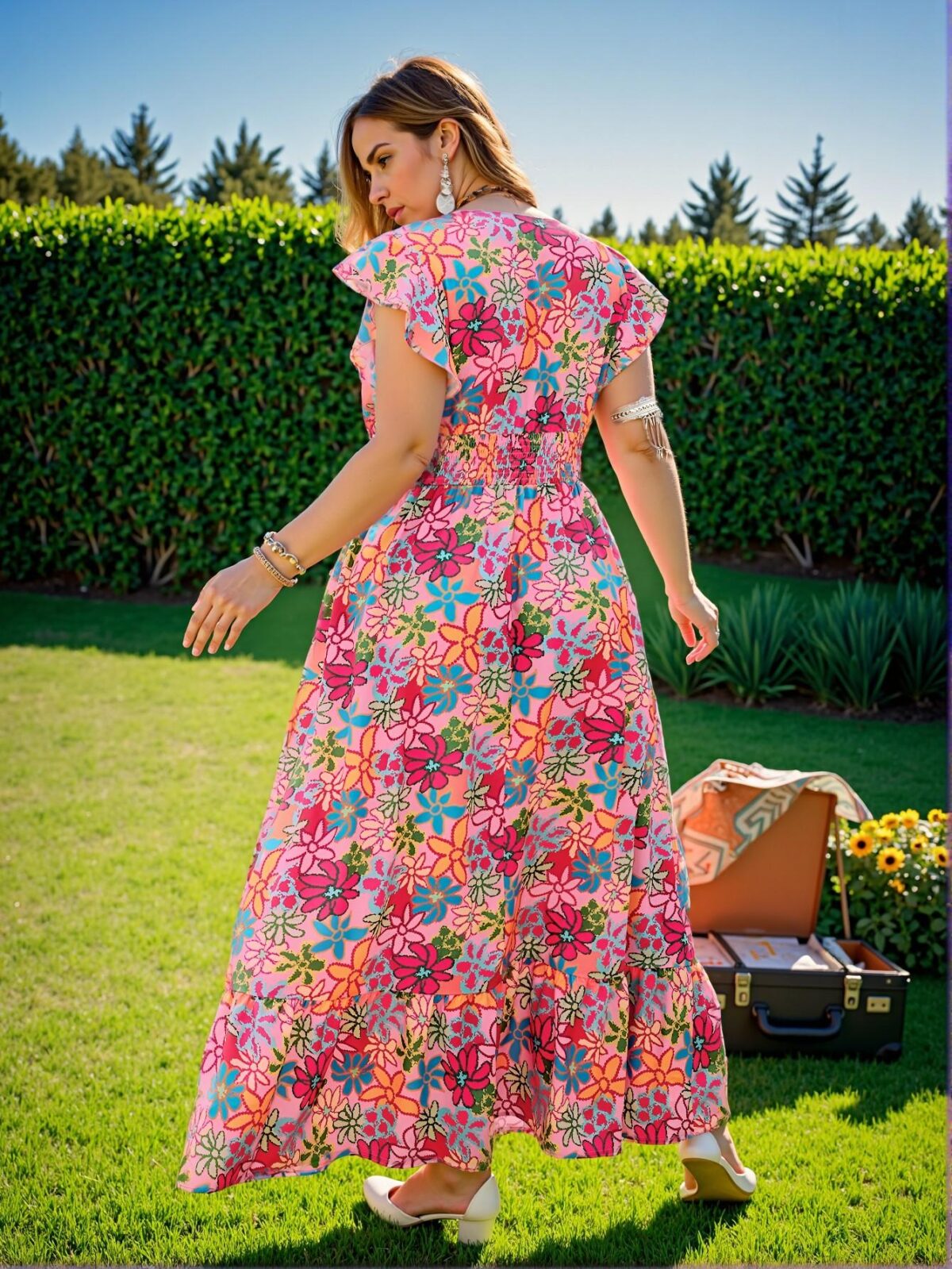 Elegant Pink A-Line Floral Print Shirred Detail Maxi Dress for Vacation, Weddings, and Festivals - Chic, Classy and Trendy Fashion Style to Dress to Impress - Image 2
