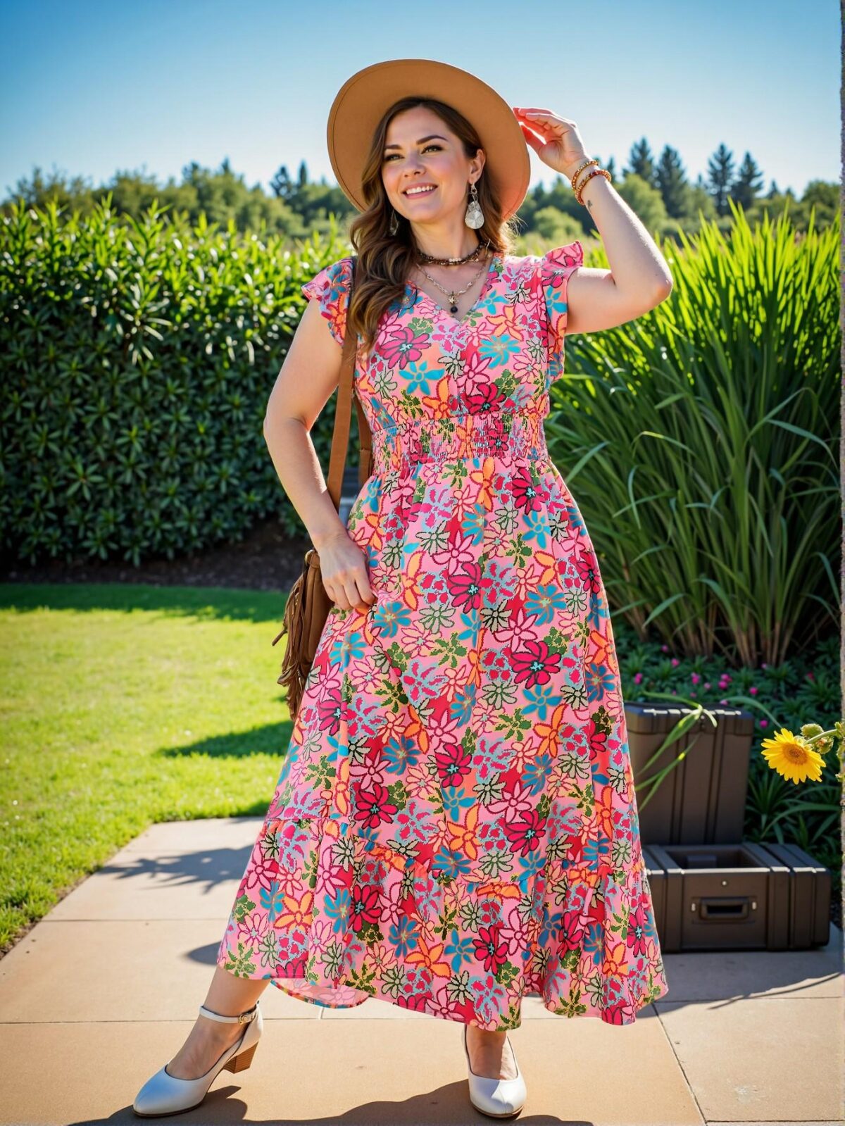 Elegant Pink A-Line Floral Print Shirred Detail Maxi Dress for Vacation, Weddings, and Festivals - Chic, Classy and Trendy Fashion Style to Dress to Impress - Image 3