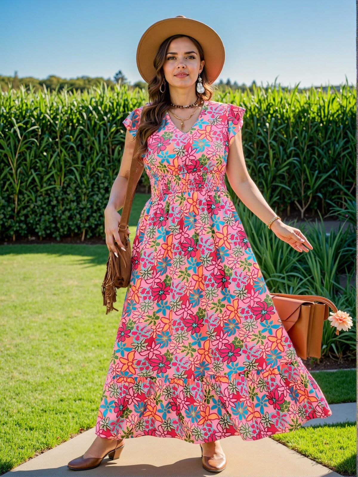 Elegant Pink A-Line Floral Print Shirred Detail Maxi Dress for Vacation, Weddings, and Festivals - Chic, Classy and Trendy Fashion Style to Dress to Impress - Image 4