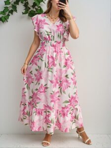 Elegant Pink Long Paisley Print Vacation Dress for Women – Ideal Boho Summer and Festival Attire for Spring Break Celebrations and Mother’s Day – Chic, Classy and Trendy Fashion Style to Dress to Impress