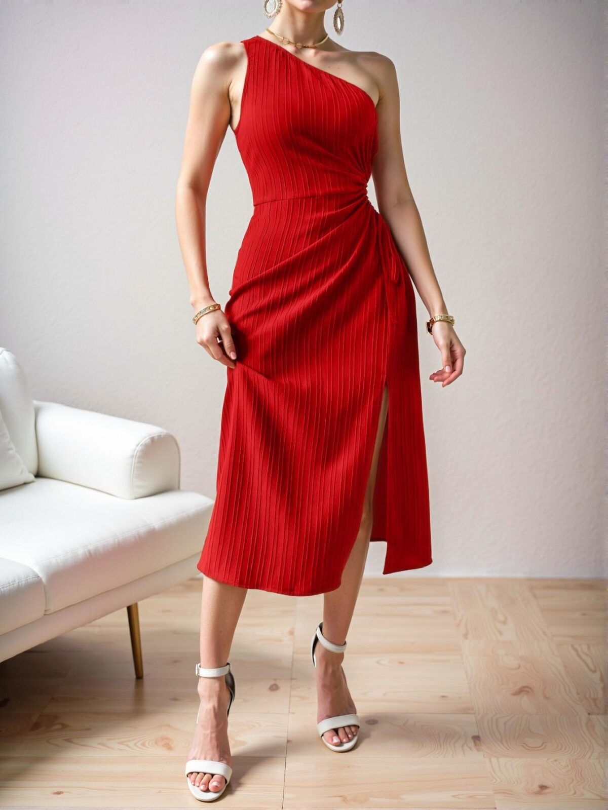 Elegant Red Oblique Shoulder Split Hem Maxi Dress for Women - Stylish Spring and Summer Ensemble to Dress to Impress - Image 5
