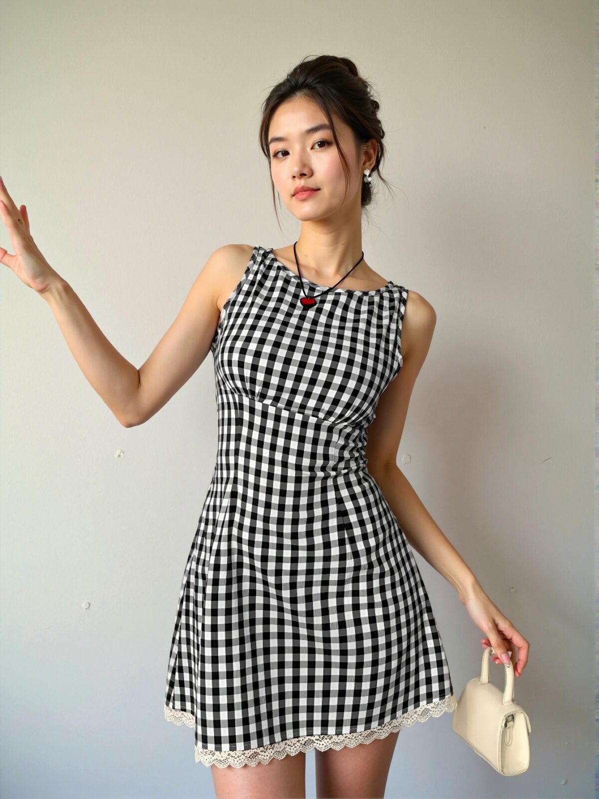 Elegant Black and White Plaid V-Neck Sleeveless Grid Contrast Lace Bodycon Mini Dress for Spring and Summer Chic, Classy and Trendy Fashion Style to Dress to Impress