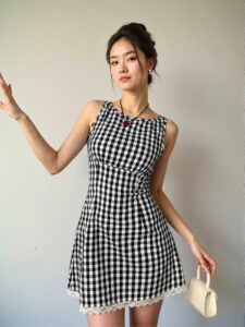 Elegant Black and White Plaid V-Neck Sleeveless Grid Contrast Lace Bodycon Mini Dress for Spring and Summer Chic, Classy and Trendy Fashion Style to Dress to Impress