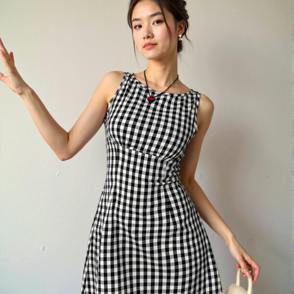 Elegant Black and White Plaid V-Neck Sleeveless Grid Contrast Lace Bodycon Mini Dress for Spring and Summer Chic, Classy and Trendy Fashion Style to Dress to Impress