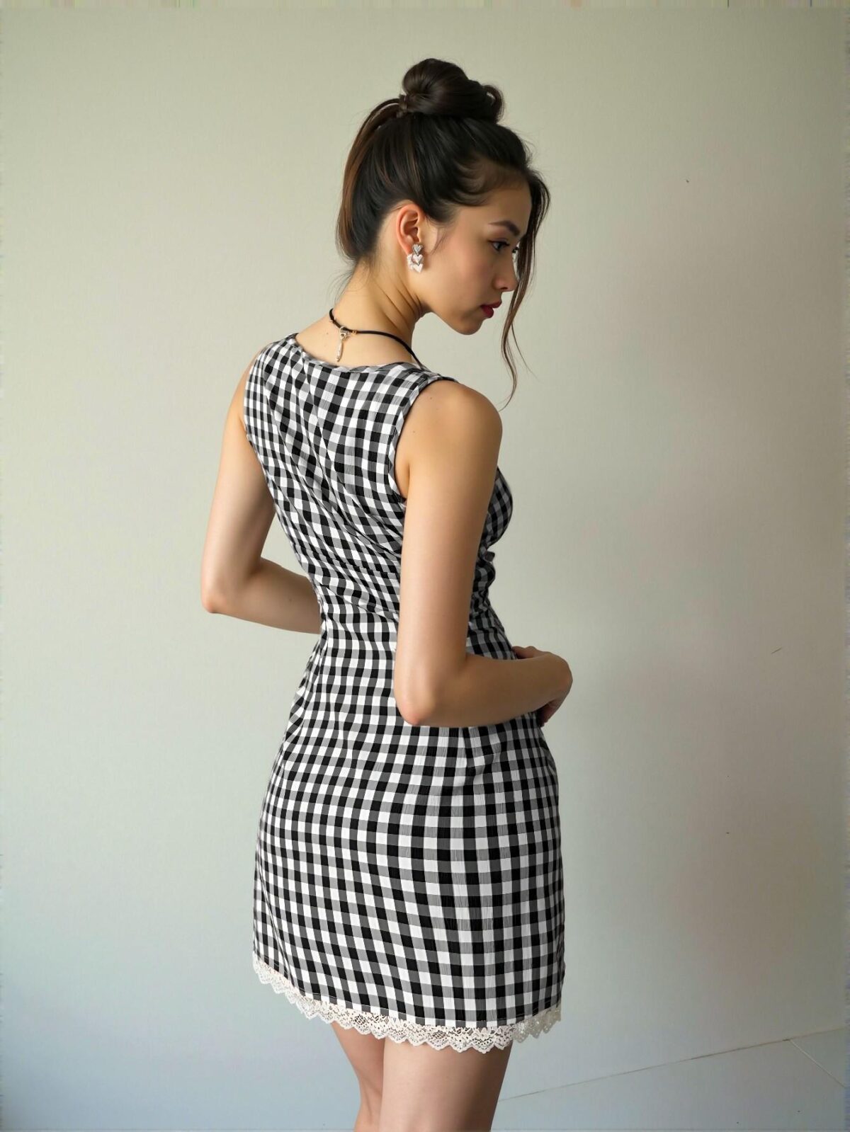Elegant Black and White Plaid V-Neck Sleeveless Grid Contrast Lace Bodycon Mini Dress for Spring and Summer Chic, Classy and Trendy Fashion Style to Dress to Impress - Image 2
