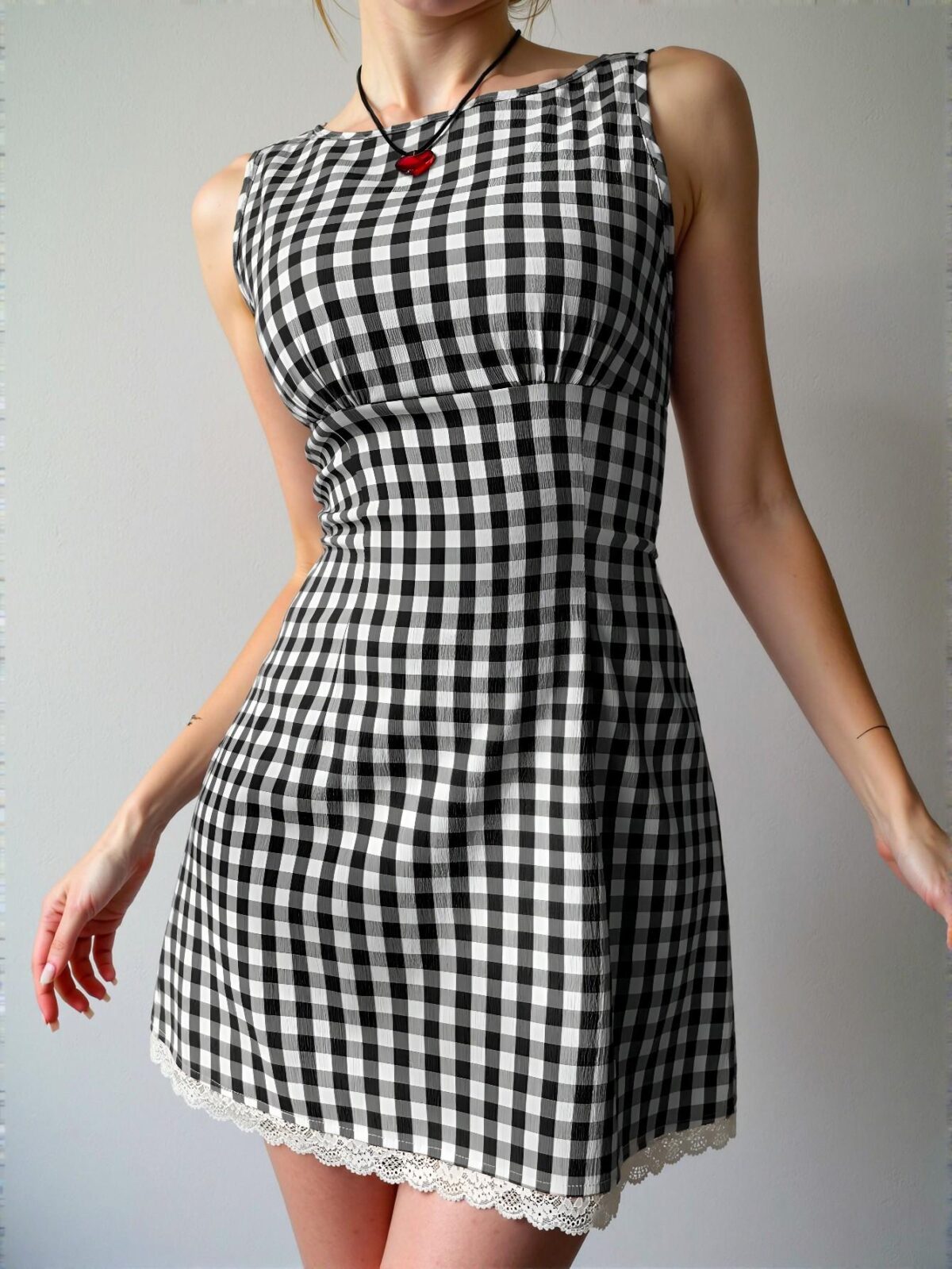 Elegant Black and White Plaid V-Neck Sleeveless Grid Contrast Lace Bodycon Mini Dress for Spring and Summer Chic, Classy and Trendy Fashion Style to Dress to Impress - Image 4