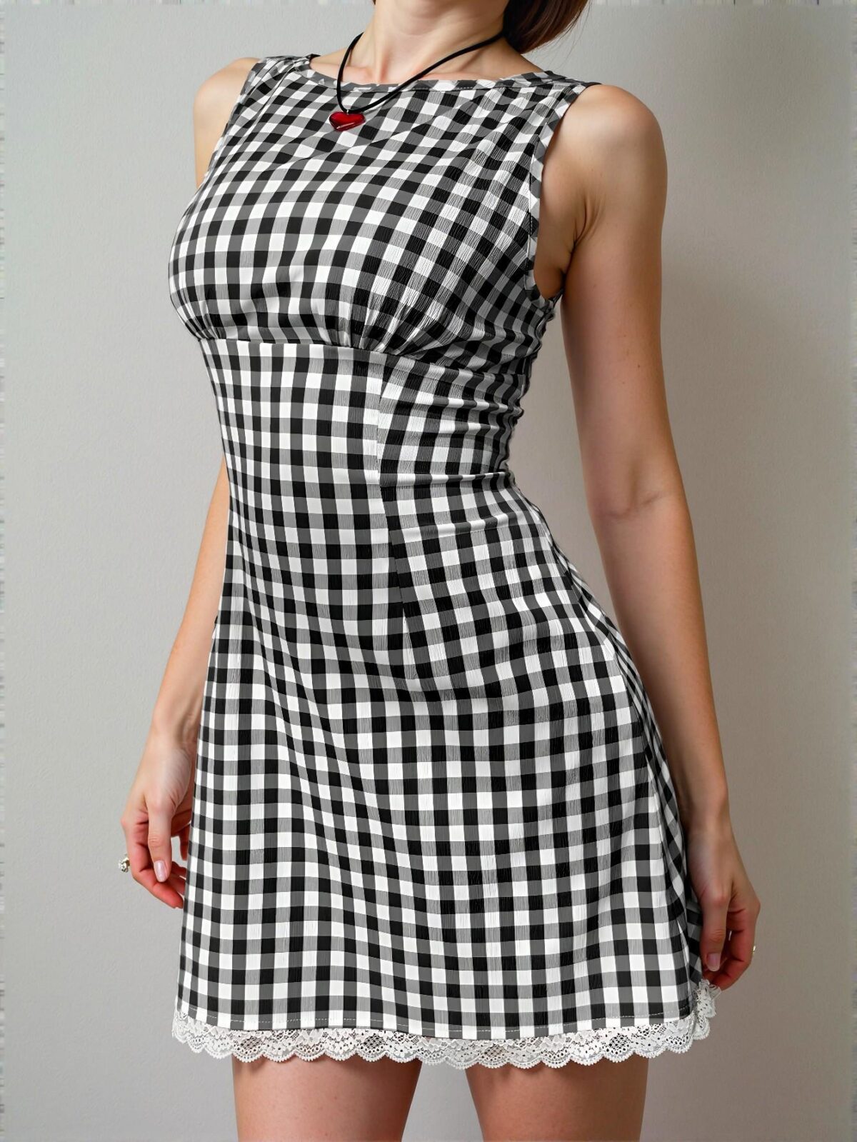 Elegant Black and White Plaid V-Neck Sleeveless Grid Contrast Lace Bodycon Mini Dress for Spring and Summer Chic, Classy and Trendy Fashion Style to Dress to Impress - Image 5