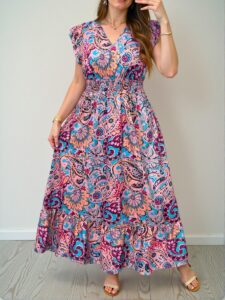 Elegant Baby Blue Flowing Boho Paisley Print Maxi Dress for Vacation and Spring Festival Outfits, Chic, Classy and Trendy Fashion Style to Dress to Impress