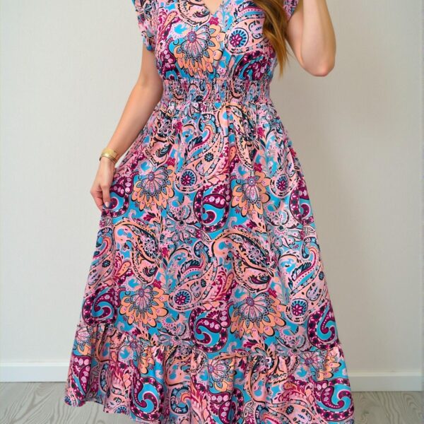 Elegant Baby Blue Flowing Boho Paisley Print Maxi Dress for Vacation and Spring Festival Outfits, Chic, Classy and Trendy Fashion Style to Dress to Impress
