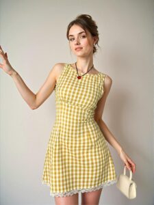 Elegant Butter Yellow Fitted Mini Dress with Plaid and Lace Details for Spring and Summer - Chic, Classy and Trendy Fashion Style to Dress to Impress