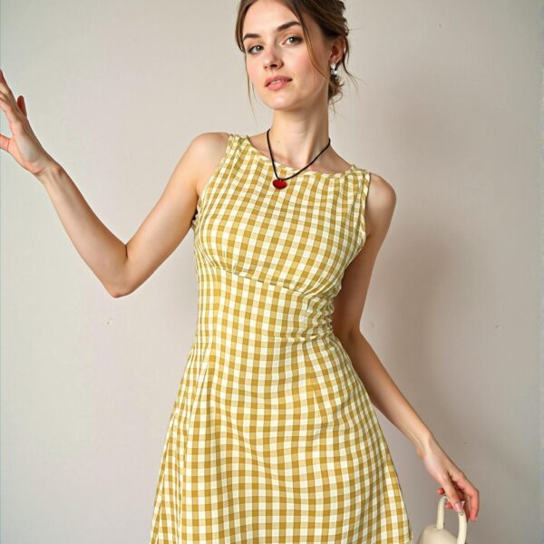 Elegant Butter Yellow Fitted Mini Dress with Plaid and Lace Details for Spring and Summer - Chic, Classy and Trendy Fashion Style to Dress to Impress