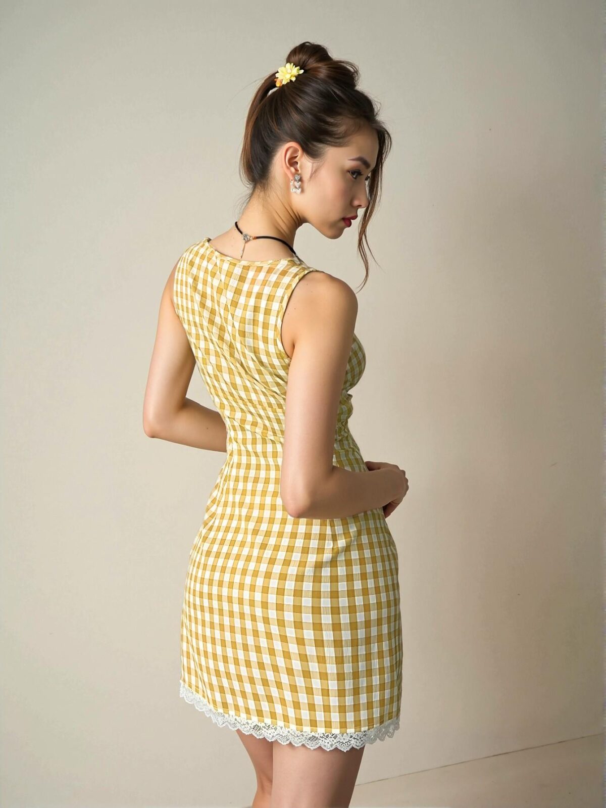 Elegant Butter Yellow Fitted Mini Dress with Plaid and Lace Details for Spring and Summer - Chic, Classy and Trendy Fashion Style to Dress to Impress - Image 2