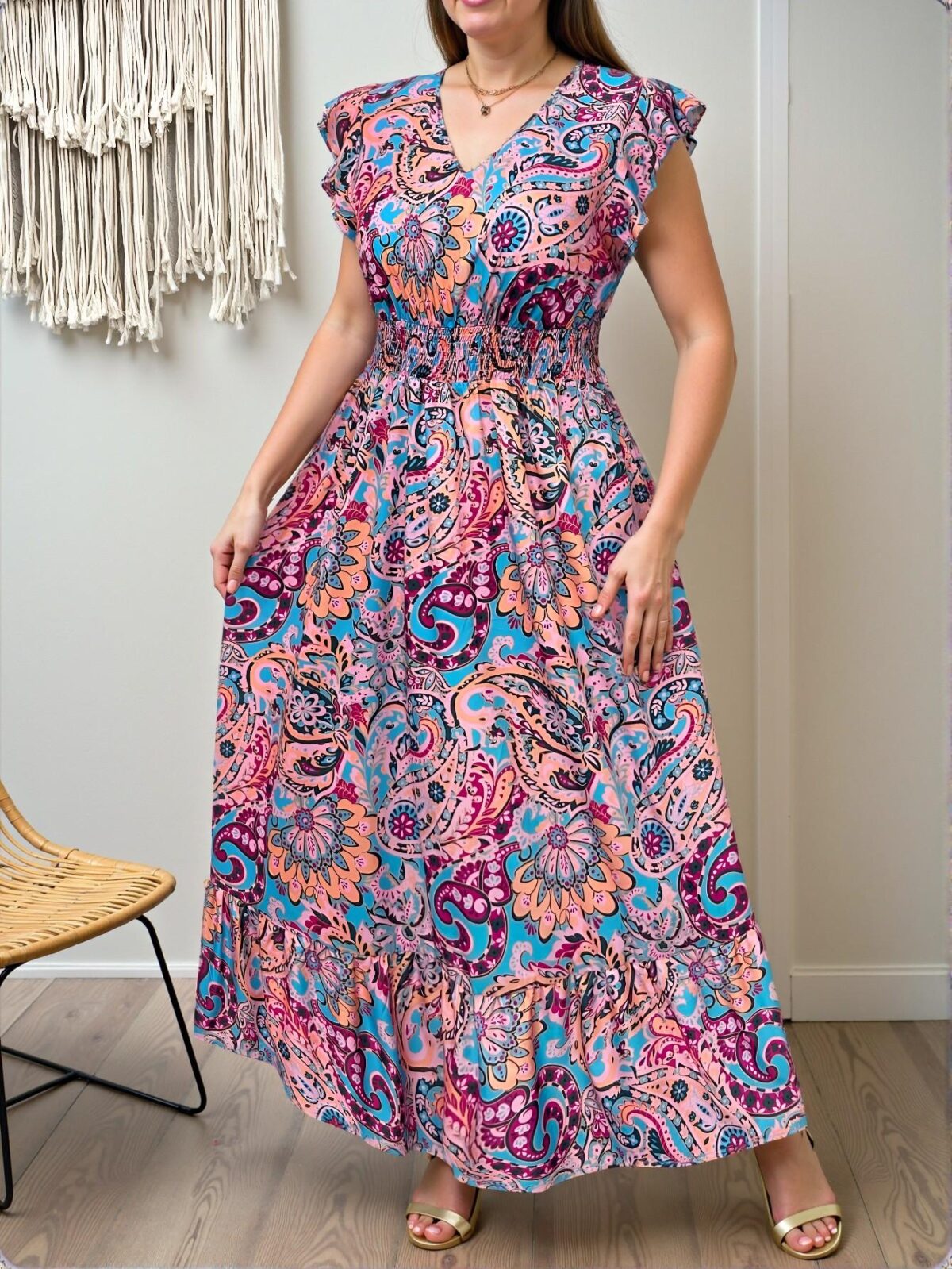 Elegant Baby Blue Flowing Boho Paisley Print Maxi Dress for Vacation and Spring Festival Outfits, Chic, Classy and Trendy Fashion Style to Dress to Impress - Image 4
