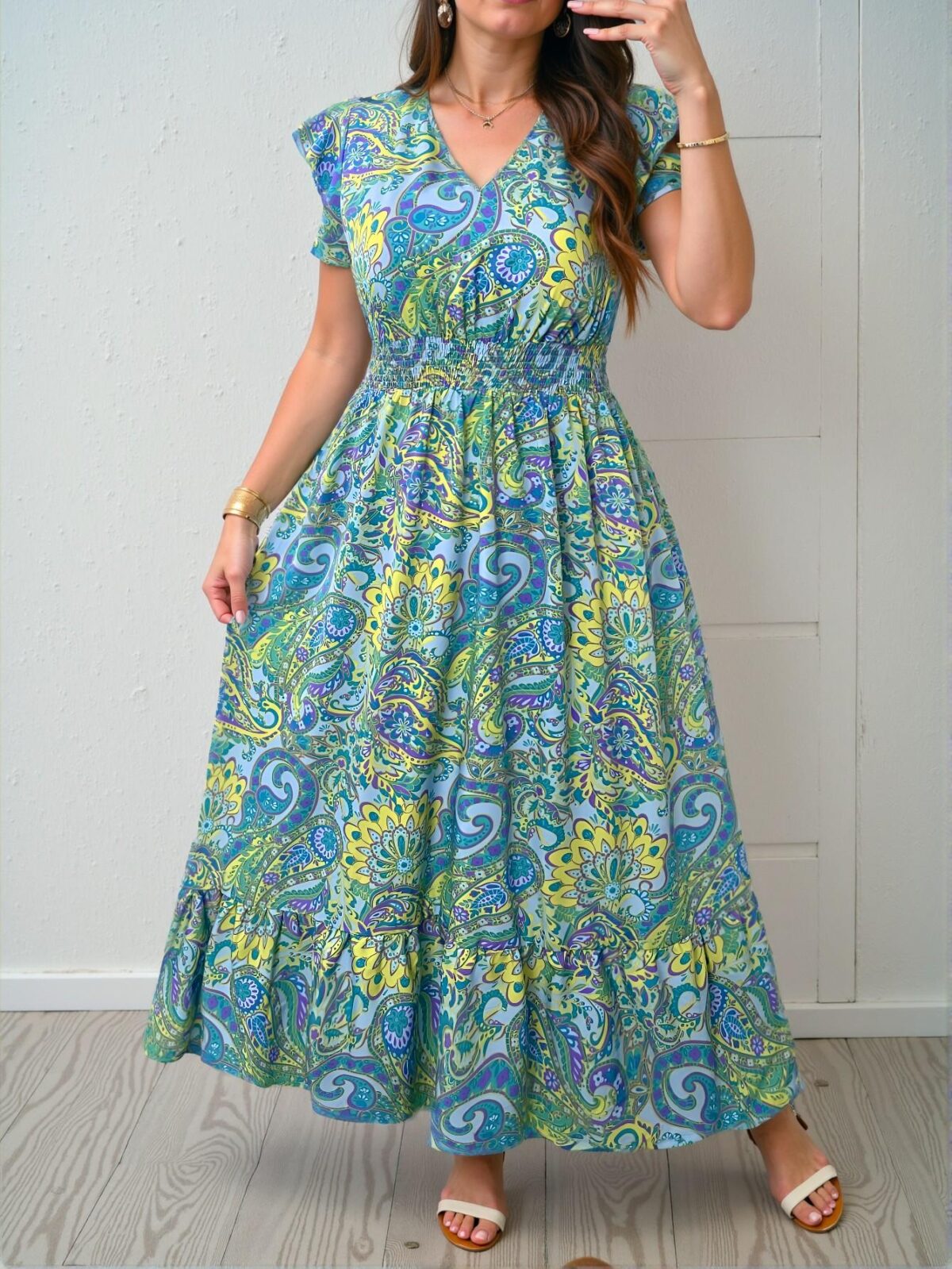 Elegant Mint Blue Flounce Sleeve Long Paisley Print A-Line Sundress for Relaxed Vacation Vibes – Chic, Classy and Trendy Fashion Style to Dress to Impress