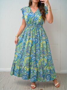 Elegant Mint Blue Flounce Sleeve Long Paisley Print A-Line Sundress for Relaxed Vacation Vibes – Chic, Classy and Trendy Fashion Style to Dress to Impress